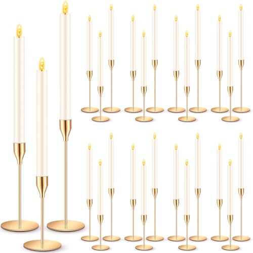 FillTouch 30 Pcs Gold Candlestick Holders with Flameless LED Candles Bulk Includes 15 Metal Candle Holders 15 Ivory Battery Operated Taper Candles for Wedding Valentines Table Centerpieces Home Decor - color: Gold Holders, Ivory Candles