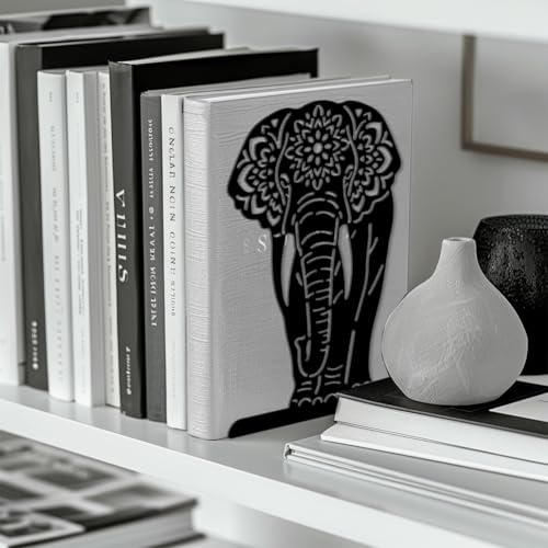 Peacoblue Metal Bookends for Shelves, Modern Decorative Heavy Duty Study Book Ends Stoppers for Office, Desk, Shelf, Room 5.3"x4.3"x7.9" Cast Iron Simple Tall Bookends 1 Pair (Mandala Elephant) - style: Mandala Elephant