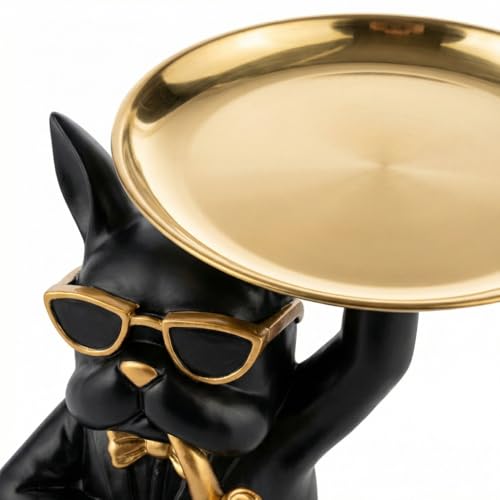 Black Dog Sculpture Tray 7.5 Inch Resin Statue Figurine with Removable Serving Tray, Cute Animal Decor for Entryway Coffee Table, Farmhouse Jewelry Catchall Key Holder - color: Black
