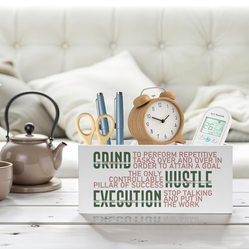 Motivational Office Pencil Pen Holder for Desk, Grind Hustle Execution Wooden Pencil Holder Organizer for Home Office Desk Accessories, Encouragement Gifts for Women - color: Color-Desk accessories white 16