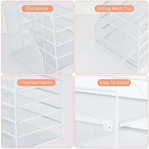 LEKETREE Desk Organizers and Accessories, 5-Tier Paper Letter Tray Organizer with File Holder, Desktop Organizer for Office Supplies (White) - color: White, size: 12" x 12" x 12"
