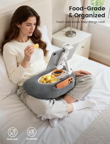 Lamicall Tablet Pillow Holder Kindle Stand - [360° Adjustable Arm][Snack Bowl] iPad Lap Holder, Kindle Accessories for Reading in Bed, iPad Stand with Bowl for 4.7-13" Tablet, E-Reader, iPhone - color: Gray