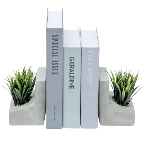 MyGift Decorative Bookends, Heavy Duty Book Ends with Artificial Green Grass Plants, Book Stands for Office Desktop, Bookshelf, Modern Gray Concrete L-Shaped - color: Artificial Grass