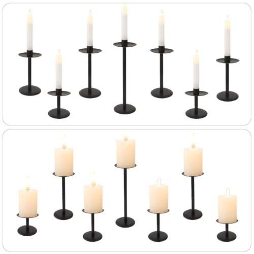 Set of 7 Metal Black Candle Holders, Assemblable Pillar and Taper Candlesticks, Halloween Fall Thanksgiving Day Dining Table Centerpieces Decor, Mantle Fireplace Candle Sticks Decorations