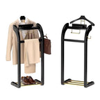 Suit Valet Stand for Men, Wood Mens Valet Stand with Base, Contour Hanger, Tray, Trouser Bar and Tie Bar, Clothes Valet Stand for Bedroom Entryway Home Living Room Office (Black) - color: Black