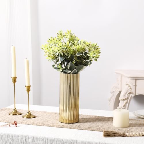 Gold Vase, Ribbed Glass Vase for Flowers, Modern Flower Vases for Tulips, Tall Fluted Vases for Living Room, Dining Table, Office, Wedding, Bookshelf, 11 Inches - color: Gold, size: 12''