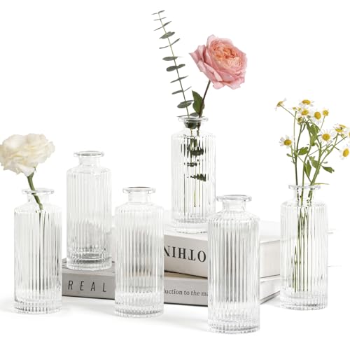 ComSaf Small Vases for Flowers Mini Clear Glass Bud Vases in Bulk, 5.2 inch Tall Mini Flower Vase, Vases for Centerpiece, Ribbed Vase, Wedding Table Ceterpiece, Home Decor, Housewarming Gift (Clear) - size: 6 Pcs
