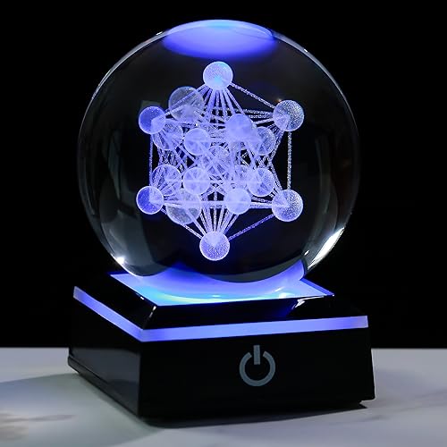 Qianwei 3D Metatron's Cube Crystal Ball with LED Colorful Lighting Touch Base - Flower of Life Night Light - Grid Sacred Geometry Sphere for Meditation Decor Spiritual Decor - style: Metatron's Cube