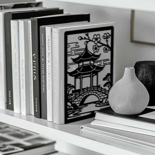 Peacoblue Metal Bookends for Shelves, Modern Decorative Heavy Duty Study Book Ends Stoppers for Office Desk Shelf Room 5.3"x4.3"x7.9" Cast Iron Tall Bookends 1 Pair (Courtyard with Flower Branches) - style: Courtyard with Flower Branches