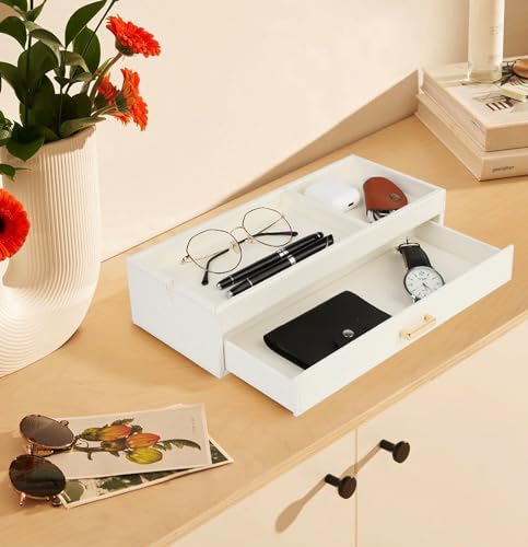 HofferRuffer Valet Jewelry Tray Organizer with Drawer, Faux Leather Storage Catchall Box Phone Charging Station Tray with Dresser Nightstand Desktop Drawer Organizer (White) - color: White