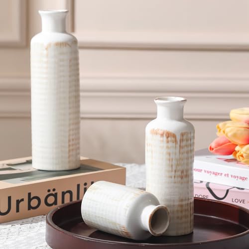 White Ceramic Vase Set of 3, Farmhouse Decor, Home Decorative Vase, Vases for Your Kitchen, Bedroom, Office, Living Room, Bathroom, & Shelf Centerpiece Table Decorations