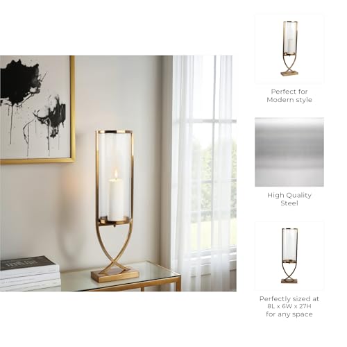Contemporary Metal and Glass Hurricane Candle Holder - Decorative Pillar Candlestick Holder for Table Centerpiece - Elegant Home Decor Accents for Any Special Occasion Decoration - 27" Gold - color: Gold, size: 27"