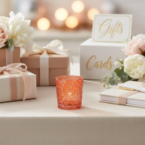 12 Pack Patented Sun Moon Star Embossed Glass Tea Light Candle Holders - Unique Votive Candle Holders for Wedding, Party, and Table Centerpieces (Pumpkin Spice) - color: Pumpkin Spice