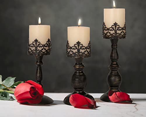 Distressed Black Candle Holders for Pillar Candles Set of 3, Vintage Crown Candle Stands for Table Centerpiece Decor, Tall Antique Metal Candle Holder Set for Fireplace Decoration, Ideal Gift - color: Distressed Black