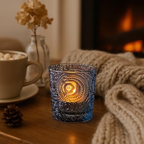 6 Pack Sun Moon Star Embossed Glass Tea Light Candle Holders - Votive Candle Holders for Wedding, Party, Home Decor, and Table Centerpieces (Gray) - color: Slate Gray