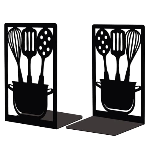 Peacoblue Metal Bookends Stopper Holder Stand for Shelves, 4.7"x3.5"x7" Heavy Duty Decorative Creative Study Kitchenware Bookends for Kitchen cookbooks for Small Cook Books, 1 Pair (Kitchenware) - color: Kitchenware