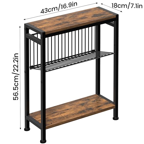 Small Side Table for Small Space, 3-Tier Narrow End Table with Magazine Holder,Slim Nightstand, Skinny Snack Couch Table in Living Room, Bedroom Study and Balcony (Rustic Brown &Black) - color: Rustic Brown