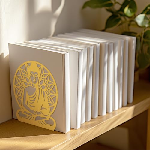Peacoblue Metal Bookends for Shelves, Modern Decorative Heavy Duty Study Book Support Stoppers for Office, Desk, Shelf, Room 5.3"x4.3"x6.1" Cast Iron Simple Gold Book Ends, 1 Pair (Golden Buddha) - style: Golden Buddha