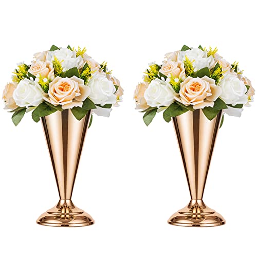 2 Pcs Tabletop Metal Wedding Flower Trumpet Vase, 9.8 inch Table Decorative Centerpiece, Artificial Flower Arrangements for Anniversary Ceremony Party Birthday Event Aisle Home Decoration (Gold) - color: Gold, size: 9.8 inch x 2 Pcs