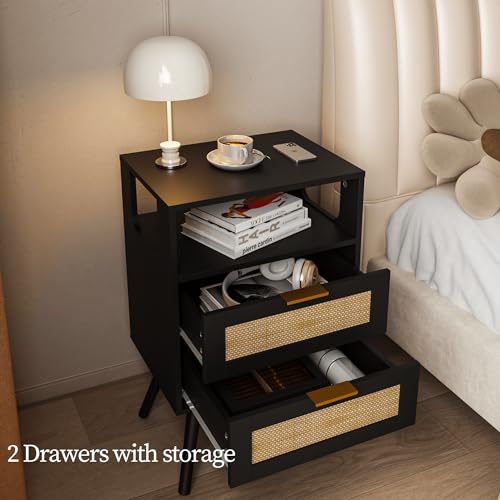 JOONEE Rattan Nightstand,Farmhouse Bedside Table with 2 Storage Drawer and Open Wood Shelf, for Bedroom and Small Spaces,Night Stand with Solid Wood Legs (Black) - color: Black
