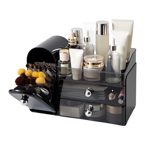 Makeup Organizer with Brush Holder for Vanity, Large Cosmetic Display Cases with 2 Drawers, Skincare Organizer for Bathroom Countertop, Black - color: Black