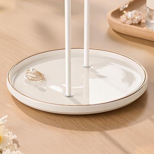 White Jewelry Holder Stand with Ceramic Tray: Small Hanging Necklace Organizer Tree for Earrings, Bracelets, Rings – Jewelry Display Hanger for Women & Girls, White - color: white tray white bar