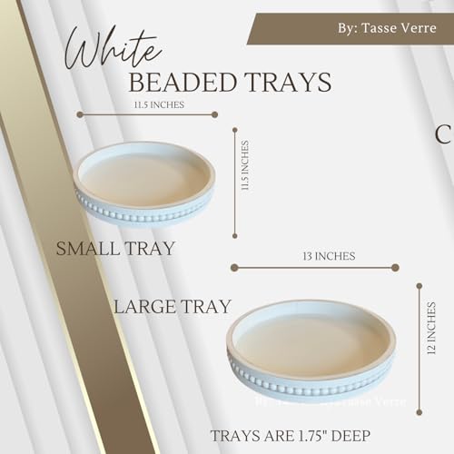 Tasse Verre White Beaded Decorative Tray Set (2-Pack) - 11.5 inch & 13 Inch - Round Rustic Decor Wooden Serving, Distressed Farmhouse Design Centerpiece for Coffee Table, Ottoman, Kitchen & Home