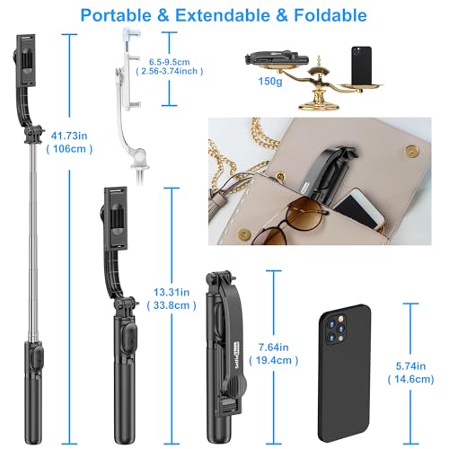 SelfieShow Selfie Stick, Extendable Selfie Stick Tripod with Wireless Remote and Tripod Stand, Portable, Lightweight, Compatible with iPhone 17 16 15 14 13 12 Pro Xs Max/Samsung Smartphone and More - style: Black