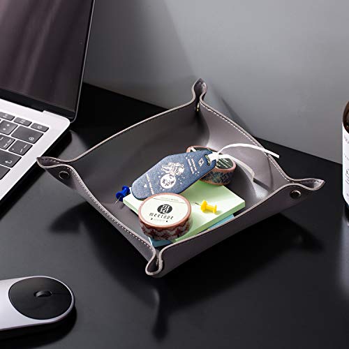 SANQIANWAN Leather Jewelry Valet Tray for Women and Man, Portable Entryway Table Tray Bedside Nightstand Desk Tray Small Catchall Travel Dish Plate for Key,Wallet,Watch,Coin (Deep Grey-B) - color: Deep Grey-b, size: 8×8