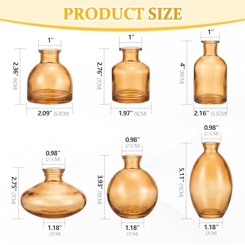 Glass Bud Vases Set of 6, Small Gold Amber Flower Vases for Wedding Centerpiece Vintage Mini Glass Flower Bottles for Floral Arrangement Party Home Office Dining Table Decor - color: Gold Amber