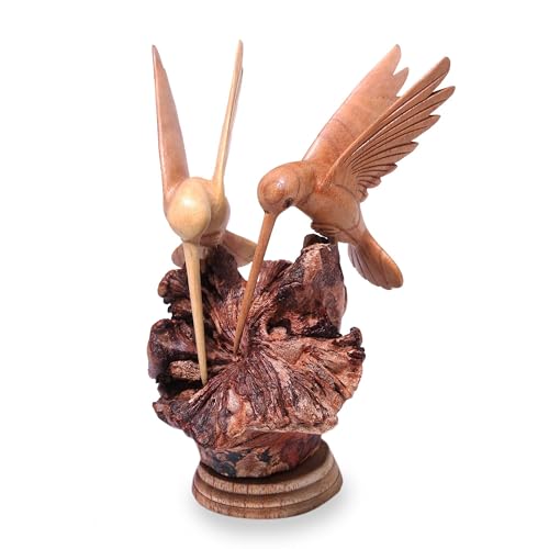 NOVICA Artisan Crafted Handcarved Wood Sculpture | Hummingbird Figurine Decor | Sustainable Animal Themed | Benalu & Jempinis Wood | NAT Geo Decoration | Indonesia ' Hummingbird Couple' 7.5" H x 6" W