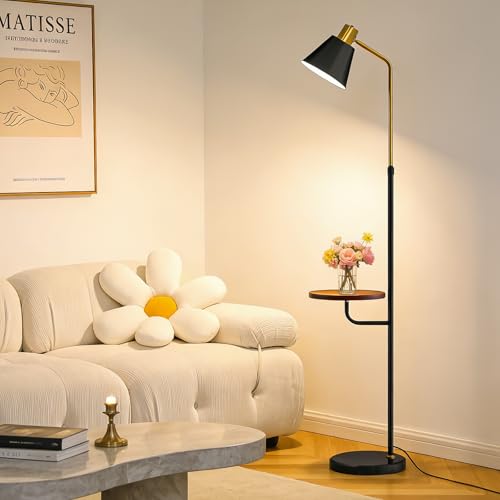 Black Floor Lamp with Walnut Side Table for Living Room Bedroom, Modern Standing Lamp 12W LED 3-Color Dimmable 3000K/4500K/6500K, Adjustable Reading Light with Shelf for Home Office Corner end - color: Black Table