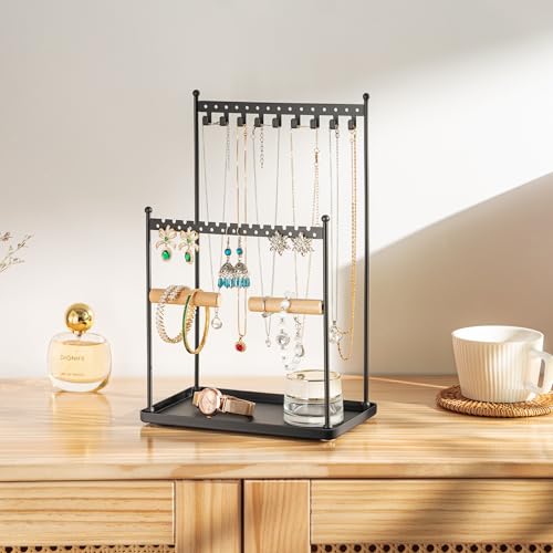 3 Tier Black Jewelry Stand, Necklace Organizer, Earring Holder with 44 Holes and 9 Hooks, for Necklaces, Bracelets, Rings - color: Black