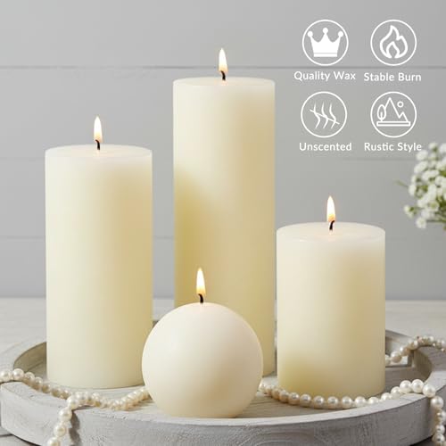 Ivory Rustic Textured Pillar Candles Set - 4 Pcs Assorted Sizes Unscented Pillar Candle, Decorative Farmhouse Candles for Home Centerpiece Decor, Holiday Dinner Table, Dripless & Smokeless - color: Cream Ivory