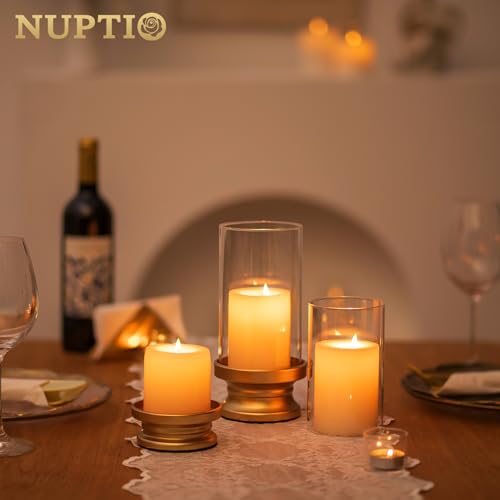 NUPTIO Hurricane Candle Holder Gold: Pillar Candle Holders with Clear Glass Sleeve - Set of 2 Decorative Brass Metal Pillars Stand for Dining Table Centerpiece Shelf Fireplace Mantel Decor - color: Gold