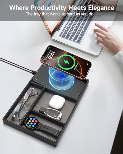 Valet Tray, Built in Wireless Charging Pad, Nightstand Organizer, Two-Toned Premium Vegan Leather Desk Bedside Caddy Organizer Tray for Keys, Watch, Wallet, Jewelry (Black+Gray) - color: Black+Gray