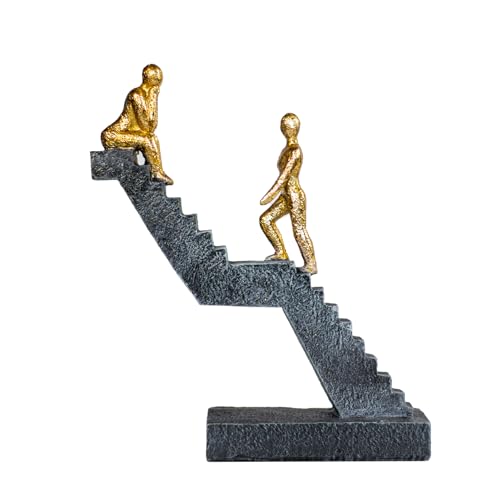 Modern Staircase Sculpture, Gold Figures on Black Steps, 8.66 x 7.09 x 2.56 inches, Contemporary Art Decor - color: ‌"dual Gold"‌