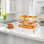 3-Tier Acrylic Pastry Display Case for Commercial Countertop, 360° View Bakery Cabinet with Gold Handle & Removable Trays, Clear Bread Storage Box for Donuts, Cookies & Cakes, 21" x 16" x 14"