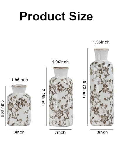 Ceramic Vase Set of 3, Vintage Ceramic Flower Vases, Crackle-Glaze & Distressed Rim, Brown Botanical Pattern, for Home Decor, Living Room Mantel & Dining Table Centerpiece - color: Brown