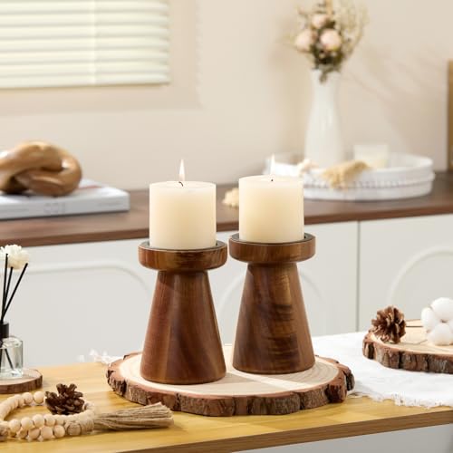 Acacia Wood Candle Holders for Pillar Candles, Set of 2 Vintage Rustic Tall Modern Farmhouse Decor, Decorative Wooden Candlestick Stand for Fireplace Mantel, Table Centerpiece - color: Acacia Wood
