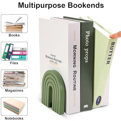 FYSUIMU 4Pcs Boho Sage Green Arch Wood Bookends Non Skid Book Stoppers Rainbow Shape Wooden Book Stands for Heavy Books Home Office Library Kitchen