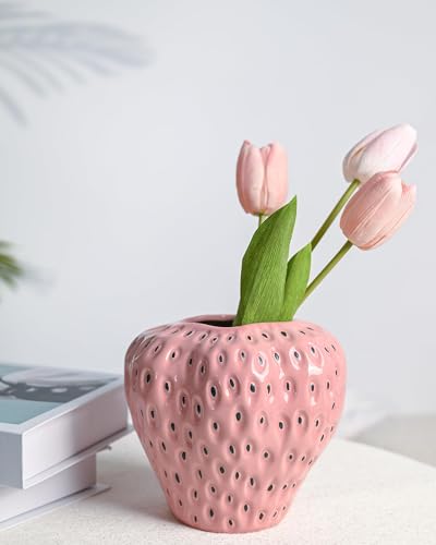 DN DECONATION Pink Strawberry Vase for Flower, Strawberry Shaped Planter Pot for Girls, Unique Ceramic Fruit Vases for Strawberry Party Kitchen Decorations, for Mom&Grandma - color: Pink Strawberry