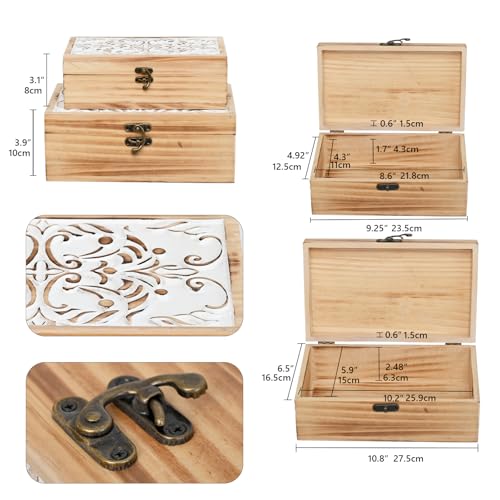 DECOR4SEASON Wooden Storage Box Set of 2 - Hand Carved Floral Decorative Boxes with Hinged Lids - Solid Pine Keepsake Organizer for Jewelry, Photos, and Rustic Farmhouse Home Décor - color: White&Brown, size: S&M