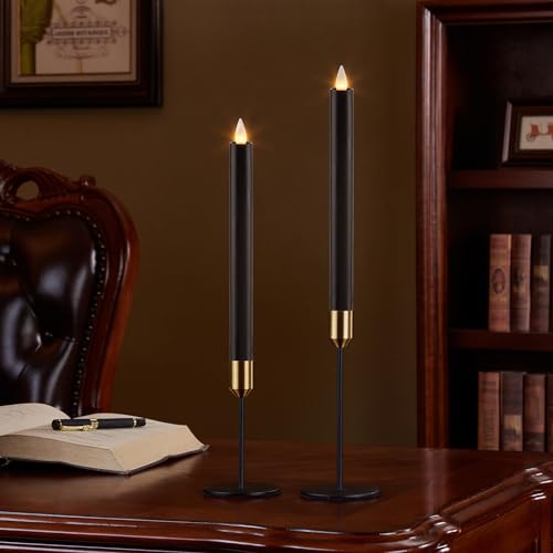Flameless Taper Candles Flickering with Remote and Timer, 3D Moving Flame Taper Candle Battery Operated to 400 Hours, 9 Inch Window Candles, (Black) - color: Black