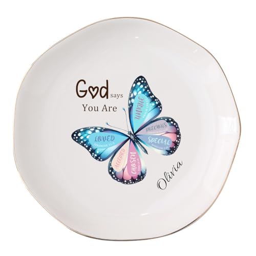Personalized Ceramic Jewelry Dish, Custom Birth Flower & Name Trinket Tray for Mother's Day, Bridesmaid, Birthday Gift - 4 Shape1s Available (Butterfly Jewelry Tray - Waved Circle) - color: Butterfly Jewelry Tray - Waved Circle