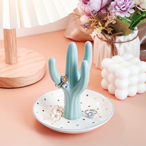 PUDDING CABIN Cactus Ring Holder, Birthday Gift for Women Her Mom Friend Female, Macaron Jewelry Dish with Dots Ins Room Decor Jewelry Dish for Rings Earrings Bracelets Necklace Organizer… - style: Macaron Blue Cactus