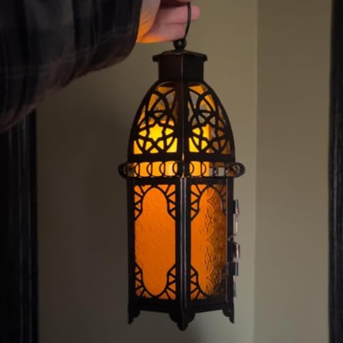NEEDOMO 12.8'' Moroccan Lanterns Decorative Indoor & Outdoor, Vintage Christmas Candle Holder, Metal Lanterns Decorative, Table, Patio, Porch, Shelf, Christmas Spring Halloween Home Decor (Amber) - color: Amber, size: Large