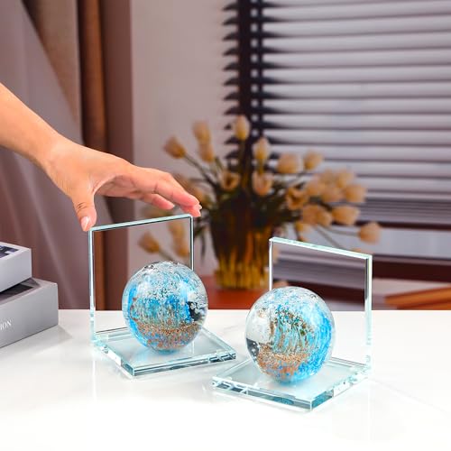 Book Ends for Shelves, Glass Bookends with Light Blue Glass Hand Blown Sea Wave Ball, Non Skid Sturdy Decorative Bookends for Ocean Lovers, Heavy Books, Office, Set of 2 - color: Light Blue