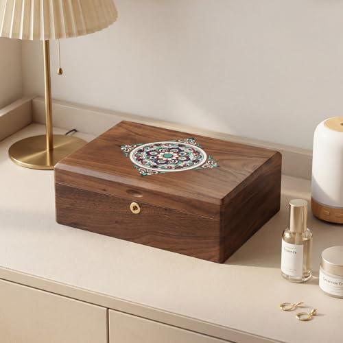 KINTNESS Black Walnut Wooden Jewelry Box with Lock - Large Jewelry Organizer for Women with Dimensional Color Art Finish Design, Jewelry Safe with Key for Bracelet, Necklace - style: Dimensional Color Art Finish-Big