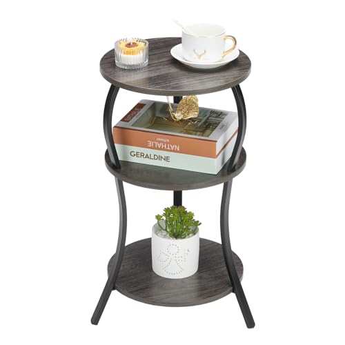 Vintage Small Round Side Table, 3-Tier Slim Waist Circular End Table with Storage Shelf, Compact Tea Sofa Side Table, Round Corner Coffee Table Nightstand for Living Room Bedroom Small Spaces,Grey - color: Grey, style: Classic